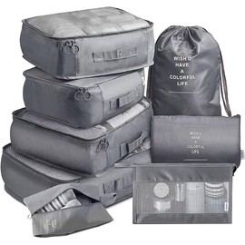 8 piezas Organizadores de Viaje para Maletas,Impermeable Bolsas de Equipaje Cubos Embalaje de Viaje Bolsas de Almacenamiento para Ropa Zapatos, Cosméticos Accesorios,Organizadores de Viajes,Organizador de Maleta Bolsa(Gris)