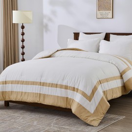 DDUOXIN Luxury Cotton Comforter Set Queen Size - White Solid Bed Set with Khaki Golden Border, Ultra Soft Reversible Duvet Insert, Warm Comforter Bedding Set with 2 Pillowshams, 90" x 90"