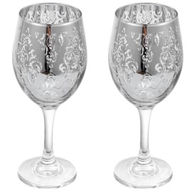 MyGift 10 oz Stemmed Wine Glass Glassware Duo with Silver Mirror Finish Etched in Baroque Pattern, Elegant Wine Drinking Glasses for Dinner Party or Wedding, Set of 2