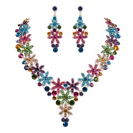EVER FAITH Austrian Crystal Enamel Flower Cluster Drop Necklace Earrings Set Multicolor Gold-Tone