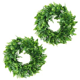 2pcs 10" Boxwood Wreath,Greenery Wreaths for Front Door,Artificial Round Small Wreath,Green Wreath,Mini Wreath for Door Decor Farmhouse Decorating(White Fruits)