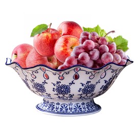 Fruit Bowl Fruit Serving Plate Blue and White Porcelain Decoration Bowl with Foot for Living Dining Drawing Room, 24 * 10cm (Blue&White-with foot)