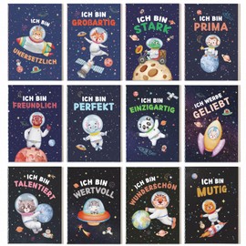 MEJOSER Pack of 12 Mini Notebook Children's Space Party Bags Children's Birthday Notepad Lined Small Inspirational Sayings School Gift Boy Girl Party Guest Gift School Child