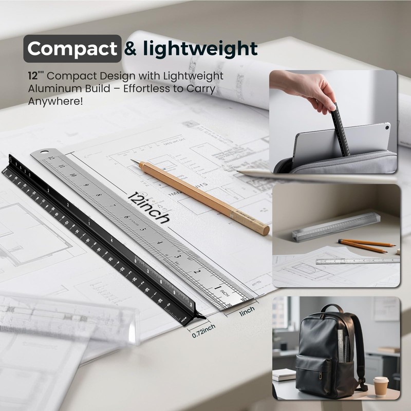 Architectural Scale Ruler 12 Inch, Aluminum Architect Ruler & Metal