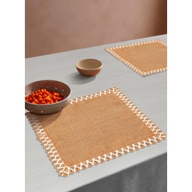 Hausattire Jute Burlap Placemat 13x19 Inches - Natural, Lace Design Edges Table Mats for Bar Table Wedding Indoor Outdoor Rustic Farmhouse Kitchen Coffee Dinner Table Decor Mats - Set of 4