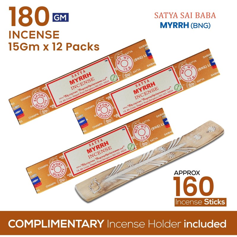 Satya Myrrh Incense Sticks, Satya 15gmx12 Pack with Raajsee Incense