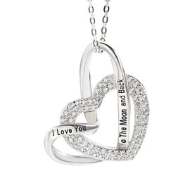 findout 925 Sterling Silver Womens* I Love You to The Moon and Back *Cubic Zirconia Double Heart Pendant Necklace, for Women Girls(f1736) (Silver)