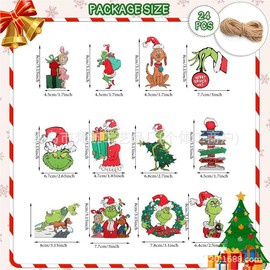 24Pcs Wooden Christmas Ornaments, Grin_chs Hanging Ornaments, Grin_ch Christmas Tree Ornaments, Grin_ch Christmas Decorations Xmas Hanging Charms Decorative Christmas Holiday Decor Favor Supplies