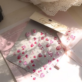 Strawberry Nail Stickers 3D Self-Adhesive Nail Decals Rose Red Nail Art Stickers Glitter Silver Bow Star Design Fruit Summer Nails Sticker for Nails Art DIY Salon Manicure Accessories for Women