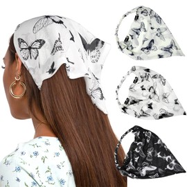 Floral Elastic Hair Scarf Headband - 3 PCS Chiffon Head Kerchief Headband Print Floral Hair Scarves with Hair Clips Kerchief Head Scarf Hair Bandanas for Women(butterfly print (white/blue/black))