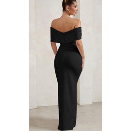 GOBLES Women's Elegant Strapless Ruffle Shoulder Short Sleeve Side Split Bodycon Ruched Formal Dress Black