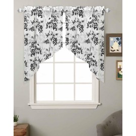 Black Grey Swag Curtains 36 Inch Length 2 Panels Set,Short Semi-Sheer Curtain Drapes Rod Pocket Valance Drapery For Kitchen,Bedroom,Bathroom Window Spring Modern Herb Wildflower Floral Plant 56"Wx36"L