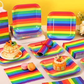 Funnymoom 100 Pcs Rainbow Pride Party Supplies Colorful Stripe Paper Plates and Napkins, 7 Inches Disposable Plates 13 Inches Dinner Napkins for Birthday Graduation Pride Party Decorations, Serves 50