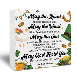 Kneaotoaji Irish Blessing Decor, St Patricks Day Decor, Irish Gifts, Saint Patricks Day Decorations, Rustic Shamrock an Irish Blessing Wooden Box Signs for Home Tabletop Shelf Desk 5x5 Inch