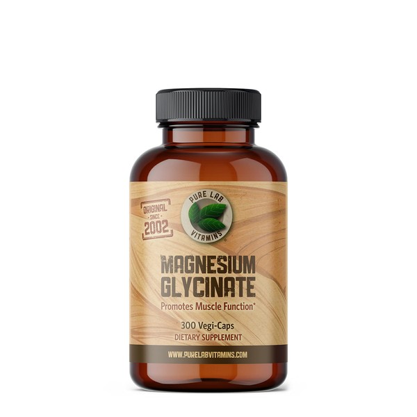 Magnesium Glycinate - 300 Caps from Pure Lab Vitamins, Vegan, Gluten-, Sugar-, Soy Free - 165mg Magnesium per Capsule. Made in Canada