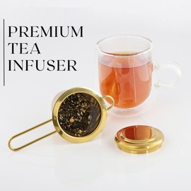 CHAIZONED Mesh Tea Infuser - Stainless Steel with Large Capacity - Loose-Leaf Strainer with Fine Filtration for Enhanced Brewing - Foldable Handle - for Teapot, Mugs & Cups - Gold Color
