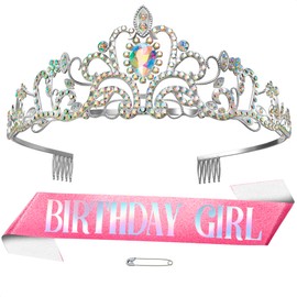 Birthday Girl Sash and Crown - Cute Pink Sash and Crown for Women Crafted From Silky Satin with Glitter Letters & Sparkling Rhinestone - Charming Gift, Elegant Accessory for Birthday & Photo Shoot