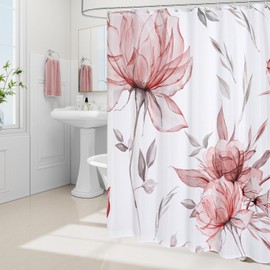 Litabel Red and Grey Boho Watercolor Floral Shower Curtain, Ink Painting Style Blossom & Leaf Shower Curtains for Chic Elegant Bathroom, Artistic Fabric Cloth Flower Shower Curtain, 72x72