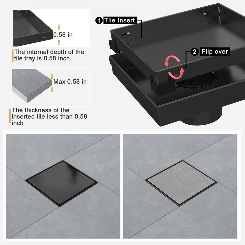 EBYTE Square Shower Drain, 6 Inch Black 304 Stainless Steel