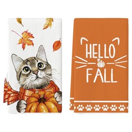 QITHGYD Set of 2 Autumn Tea Towels with Cat Motif, 40 cm x 60 cm, Autumn Tea Towel, Fall Decor Kitchen Towels for Autumn Decoration and Pumpkin Decoration, Ideal Autumn Decoration and Tea Towel