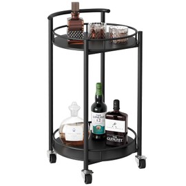 Azheruol Bar Cart Black Rolling Cart for Home,2 Tiers Bar Serving Cart Round Wine Cart with Handle, Metal Wine Rack and Casters, Serving Bar Trolley for Home Kitchen,Living Room