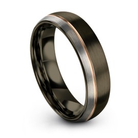 Midnight Rose Collection Tungsten Wedding Band Ring 6mm for Men Women 18k Rose Gold Grey Plated Dome Gunmetal Brushed Polished Size 9.5