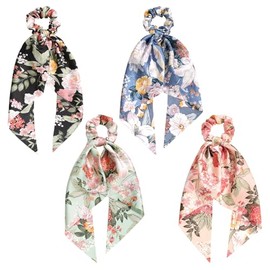 4 Pcs Satin Hair Bobbles with Bow, Floral Hairs Scarf with Long Ribbon Bow Scrunchies, Boho Elastic Floral Bow Hairs Ties, Scrunchies Ponytail Holder, fr Women Hair Accessories, Multicolor