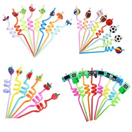Pack of 30 Reusable Plastic Drinking Straws - Game Controller, Football, Dinosaur and Fruit Straws for Kids Girls Boys Birthday Party Supplies Baby Shower Decorations