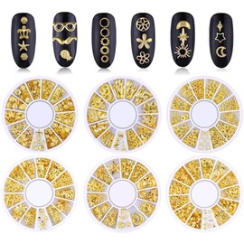 1 Box Mixed Gold Nail Charms Set Gold Nail Studs Gems Sparkling Rhinestones Metal Rivets Charms Hollow Moon Star Hearts Shaped Artificial Pearls DIY 3D Nail Art Decoration,Rhinestones and Charms