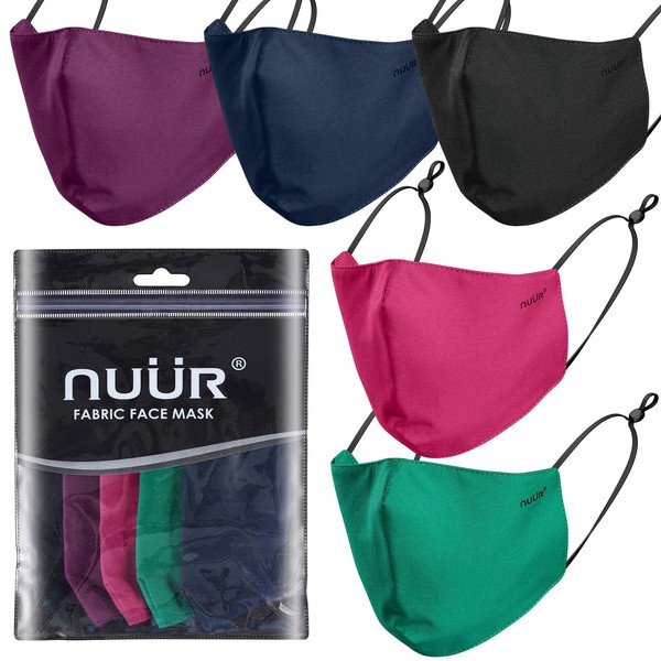 NUÜR Ladies & Men’s 100% Cotton Breathable Face Mask 5-Pack in 5 Colours, Adjustable Ear Loops, 3-Layer Protection, Soft, Machine Washable, Durable for Everyday Use