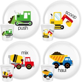 Yiyiring 4 Sets Construction Truck Fun Kids Plates with Cups Melamine Plates Dinnerware Set for Toddlers Creatively Drop Resistant Cute Plastic Dishes Dishwasher Safe
