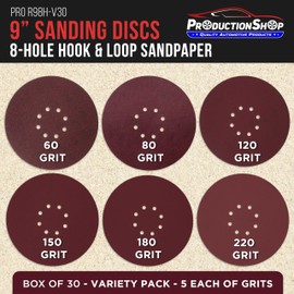 ProductionShop Premium 9" Red 8-Hole Pattern Sanding Discs, 30 Disc Variety Pack, Grits 60, 80, 120, 150, 180, 220 - Dustless Hook & Loop Backing Sandpaper for Drywall Power Sander, Woodworking Paint