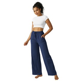 DLOODA Wide Leg Pants Women High Waisted Slacks Lounge Baggy Flowy Palazzo Pants with Pockets（Navy Blue M）