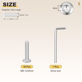 METALLIXITY Flat Head Hex Socket Cap Screws Bolts(M6-1x30) 10Pcs, with Wrench Steel Hex Socket Furniture Bolts Screws - for Furniture Woodworking Project, Silver Tone