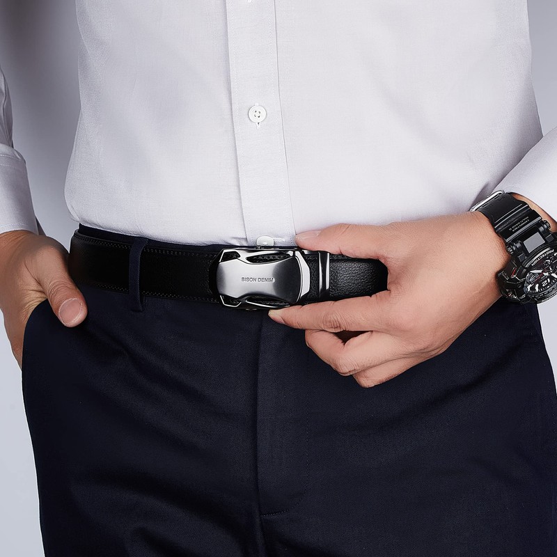 BISON DENIM Men's Leather Belt Ratchet Automatic Clasp for Men’s