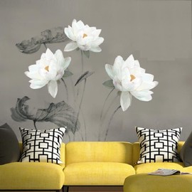 COVPAW® Wall Sticker XXL Lotus White Lotus Leaf Flowers Wall Sticker Mural Pictures Living Room Bedroom Decoration