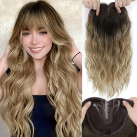 Hair Toppers for Women, 20 Inch Hand Tied Breathable Toppers Hairpieces for Women with Thinning Crown Wispy Bangs Mix Human Hair Wavy Curly Lightweight Wiglets(Mixed Brown to Blonde with Dark Root)