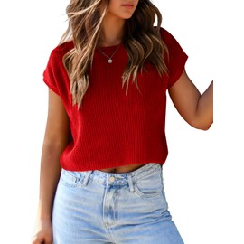 Saodimallsu Womens Cap Sleeve Crop Tops Summer Trendy Going Out Crew Neck Loose Knit Cropped Sweater Vest Tank Top Red