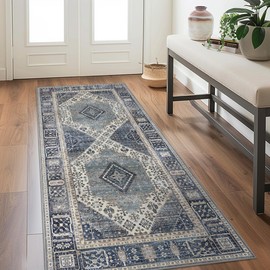 GENIMO 2x7 Hallway Runner Rug, Machine Washable Boho Vintage Runners Non Slip, Printed Thin Low Pile Lightweight Chenille Carpet Runner for Entryway, Kitchen, Bathroom, Bedroom, Blue