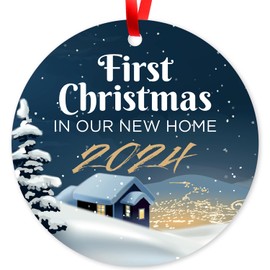 Soul Décor Christmas Ornaments, First Christmas in Our New Home 2024 Ornament, Velvet Pouch and Red Ribbon Included, Large 3.75" Round Ornament, Made in The USA