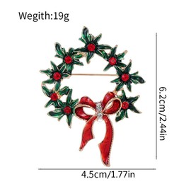 Cute Wreath Bow Red Enamel Green Rhinestones Christmas Ornament Brooch Lapel Pins for Women Girls Cute Ribbon Bowknot Crystal Decoration Brooches Pin for Suit Dress Xmas Festival Party Gifts