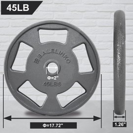 Balelinko Cast Iron 2-Inch Olympic Grip Plate Weight Plate for Strength Training, Weightlifting and Crossfit in Single, 45LB, Gray