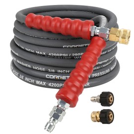 Corretic 3/8" Pressure Washer Hose for Cold and Hot Water, 4200psi Power Washer Hose with Kink Free Swivel Quick Connect, Steel Wire Braided & Synthetic Rubber Jacket, 2 M22 14mm Adapter Set, 25FT