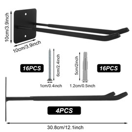 SHUESS 12.2 Inches Long Large Garage Hooks, 4 Pack Heavy Duty Garage Storage Utility Hooks, Wall Mount Organizer, Long Tool Hanger for Hanging Tire, Chairs, Hoses, Garden Tool, Bulk Items, Ropes, etc