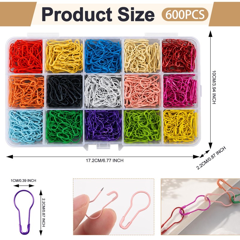 Gourd Safety Pins, 600pcs, 15 Colors, Individually Wrapped, 22mm/0.87 inch