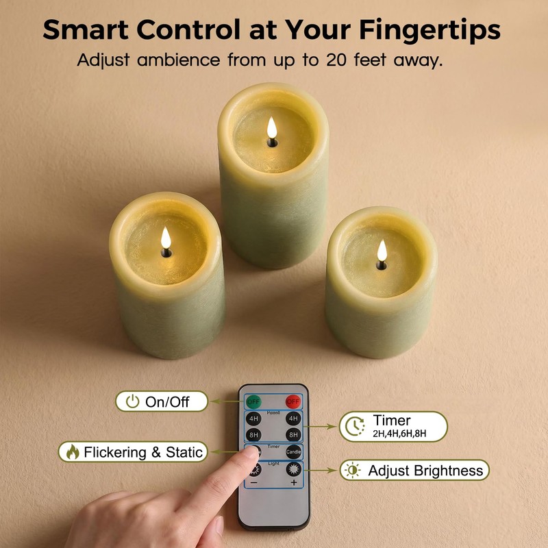 Sage Green Moving Flame LED Pillar Candles with Remote Set
