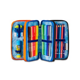 Seven Pencil Case, Pencil Case with 45 Pieces Pencils, Felt Tip Pens, Glue, Scissors, Stationery for Primary School, Painting and Writing, 3 Compartments, for Kids Boys Girls, School Gift, blue-orange