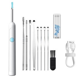 Ear Spoon 9-Piece Earwax Removal Kit with Camera, Lamp and 6 One Ear Spoon-Smart Rechargeable Earwax Cleaner with Lithium Battery, No Formaldehyde, Metal, plastic and Silicone Construction-Safe and Easy-to-Use Home Ear Wax Removal Tool - Color: White (wi