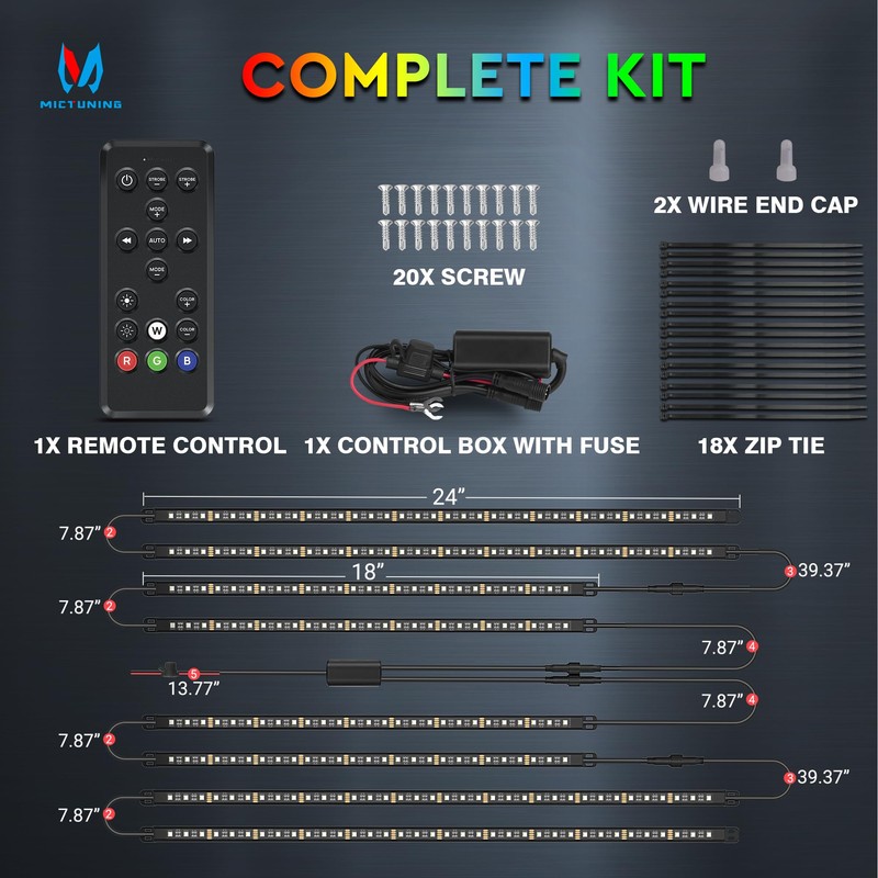 MICTUNING 8Pcs N8+ Chasing Color RGB+IC Underglow Neon Accent Strip