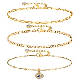 MPRAINBOW Waterproof Gold Anklets for Women - 14k Gold Plated Ankle Bracelets,Summer Beach Surfer Foot Chain Layered Stack Bracelet Anklet Set,Multilayered Trendy Jewelry for Her Girlfriend